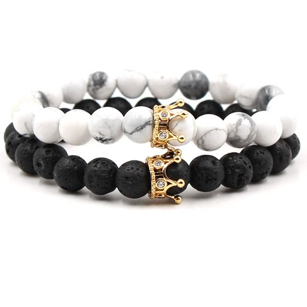 

new black white stone beads with gold silver color crown charm bracelet for women men bangles jewelry pulsera dropshipping, Golden;silver