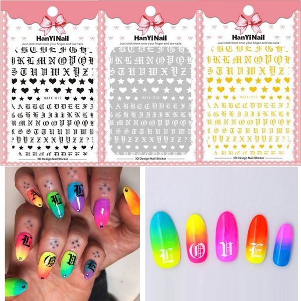 

nails art sticker paper japanese decals english letter golden white black harajuku nail wraps sticker decorations tools