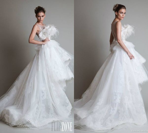 Krikor Jabotian Vestidos de Baile Alta Baixa Jóia Pescoço Trem de Varredura Lace Tule Tiered Saias Vestidos de Noite Custom Made Formal Vestido de Festa