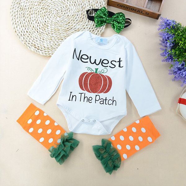 

baby girls halloween pumpkin romper+leg warmers headband long sleeve pumpkin outfits newborn baby pumpkin jumpsuit playsuit clothes set, White