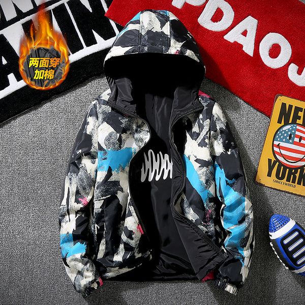 

yuwaijiaren camouflage autumn winter parka men graffiti hooded fish bone loose men's windbreaker coat double-side wear, Black