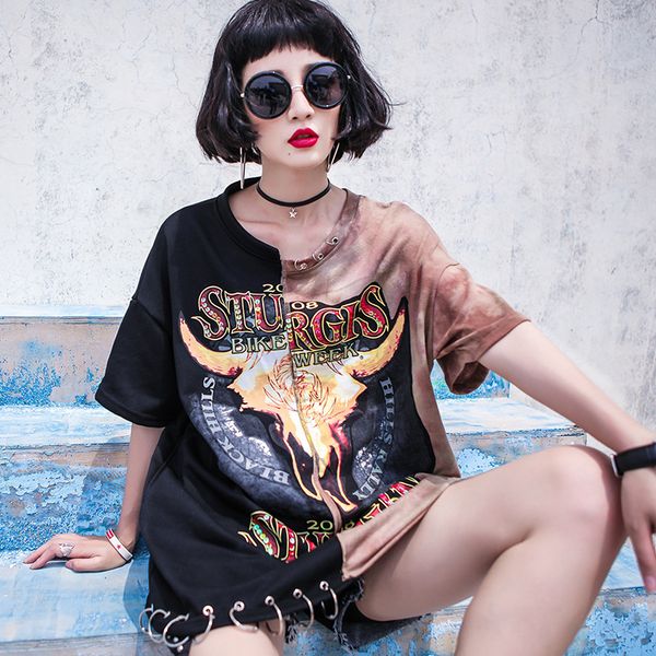 

hip hop tees 2018 summer women patchwork shirt chains t shirts casual oversized punk clothing cotton bones print lt030s50, White