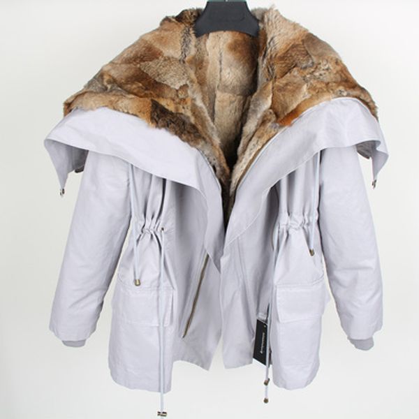 

loose large size brown fur threshold trim women snow coats brown fox and rabbit fur lining white angel wings mid long parkas, Black