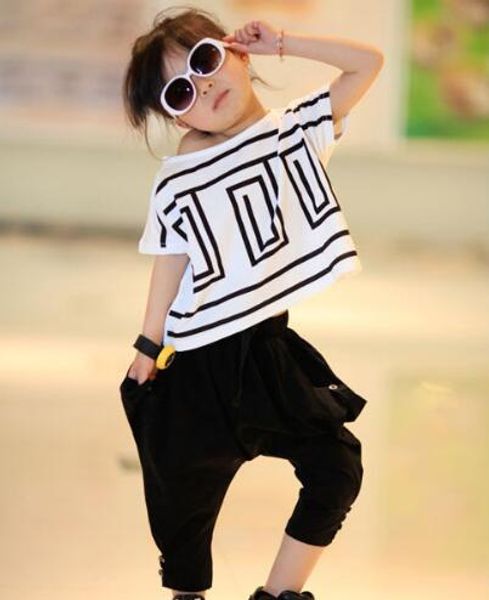 

big girls summer sets outfits bat sleeve loose t-shirt +black harem pants 2pcs kids children clothing fashion cute girls casual suits, White