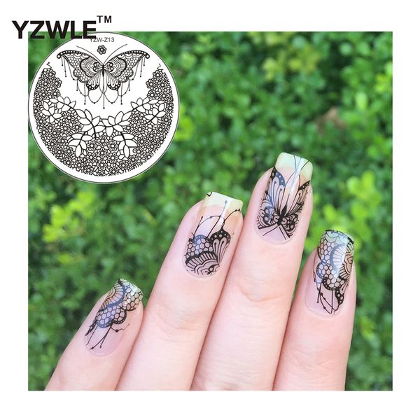 

yzwle butterfly design nail art stamping plates round image pattern transfer print template nail stencil stamps diy tools, White