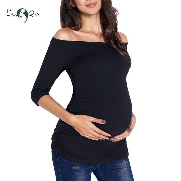 

womens maternity tunic pregnancy off shoulder 3/4 sleeve womens clothing classic side ruched t-shirt pregnancy clothes, White