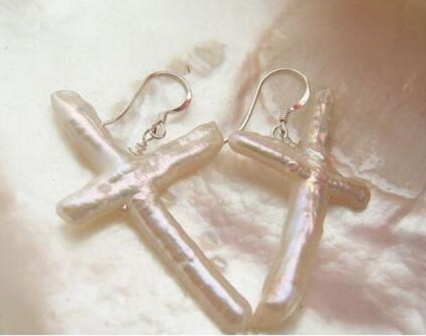 

big white cross freshwater pearls silver earrings, Golden;silver