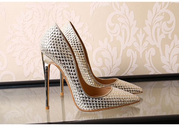 

fashion knitted leather pointed toe women pumps shiny high heels party shoes gold silver black wedding stilettos tenis feminino