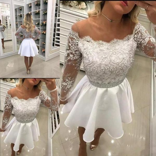 

2018 In Stock Graceful White Homecoming Dresses Lace Pattern Sequins Pearls Long Sleeve Off-Shoulder Cocktail Prom Party Dresses