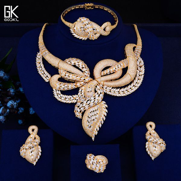 

godki luxury big snake winding delux necklace earring set jewelry sets for women wedding zircon cz dubai gold bridal jewelry set, Silver