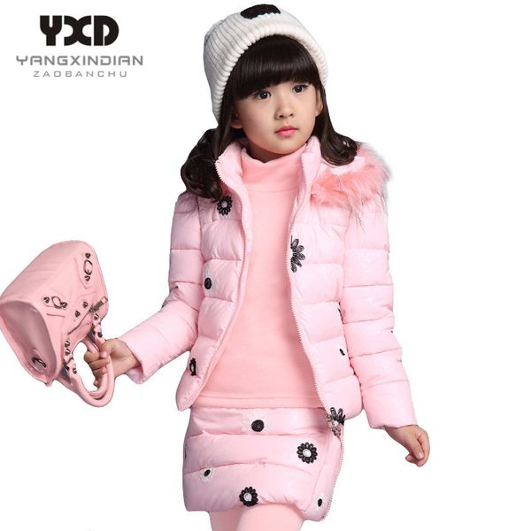 

Clothing Kids Set for Big Girls Winter 2017 New Cotton-padded Hooded Vest & Sweatshirt & Skirt Pants 3pcs Warm Children Suits, Pink