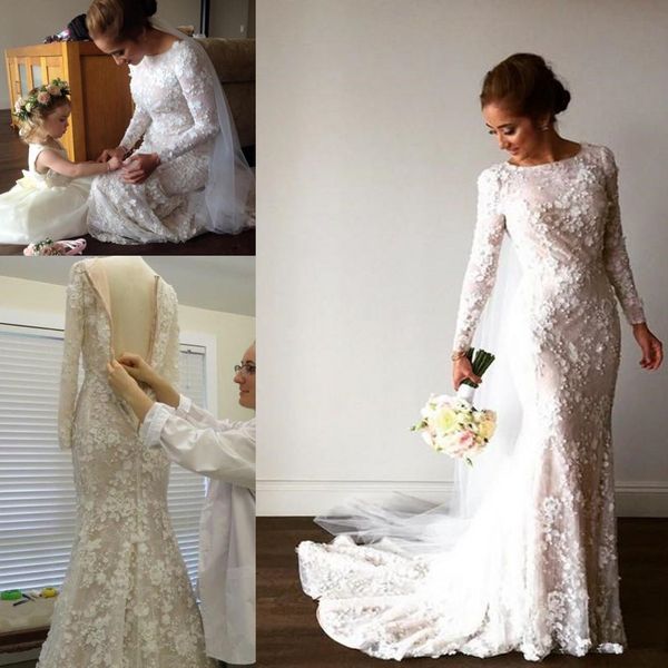 

старинные русалка арабские свадебные платья с длинным рукавом 3d цветочные аппликации кристалл мусульманин развертки поезд драгоценный камен, White