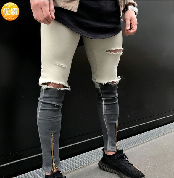 

autumn spring hole men denim jeans high street stretch skinny fake zippers patchwork cowboy mid-waist straight jeans male, Blue