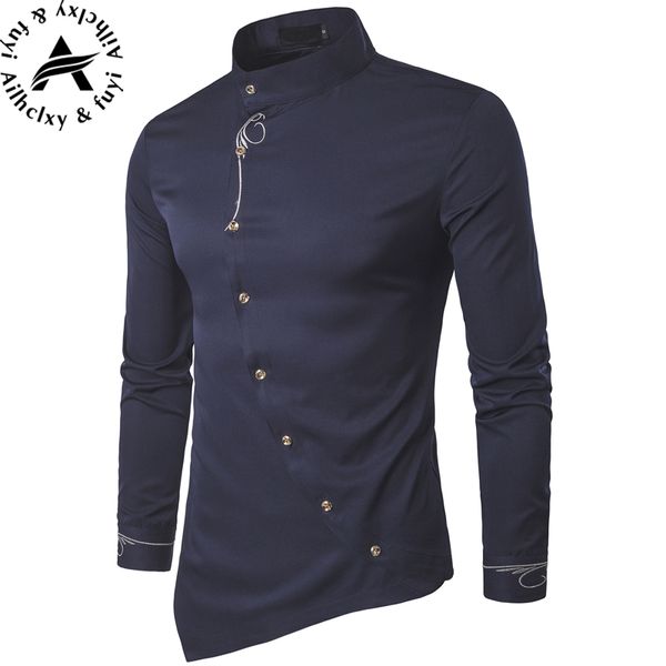 

personalized oblique button irregular men's casual shirt 2018 new men's long-sleeved slim shirt s-2xl plus big s, White;black