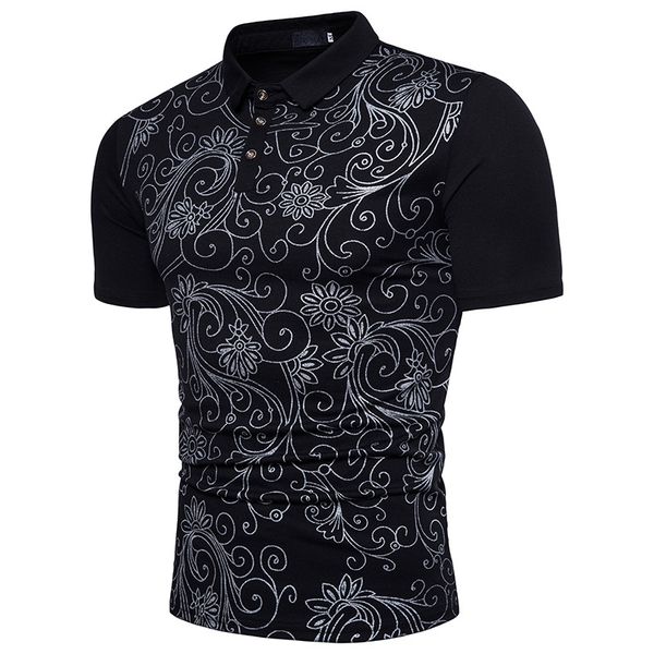 

men's polo shirt fashionable floral print comfortable and breathable short sleeves, White;black