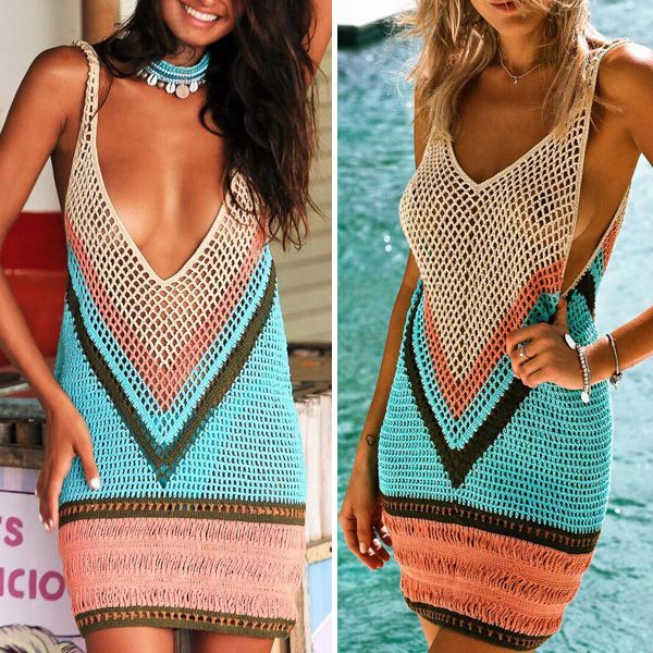 

women swimwear bikini cover up crochet hollow-out v - neck sleeveless beach dress swimsuit, White;black