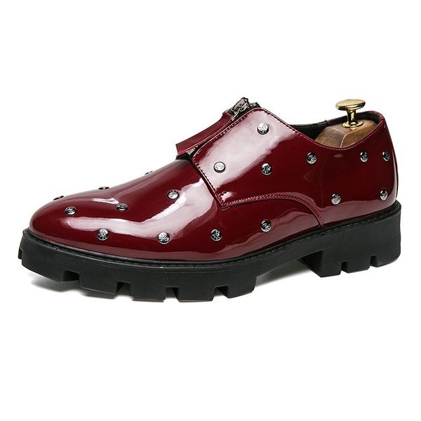 

men wedding dress patent leather shoes men pointed toe brogue oxford shoes slip on loafers casual thick bottom nightclub shoes, Black