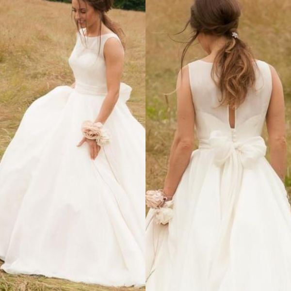 

vintage country wedding dresses bridal gowns a line 2021 jewel long beach simple ivory boho bow organza bride dress plus size, White
