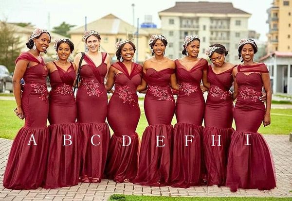 

mermaid burgundy bridesmaid dresses 2019 different neckline ruffles tulle emboridery nigerian maid of honor gowns custom bc0084
