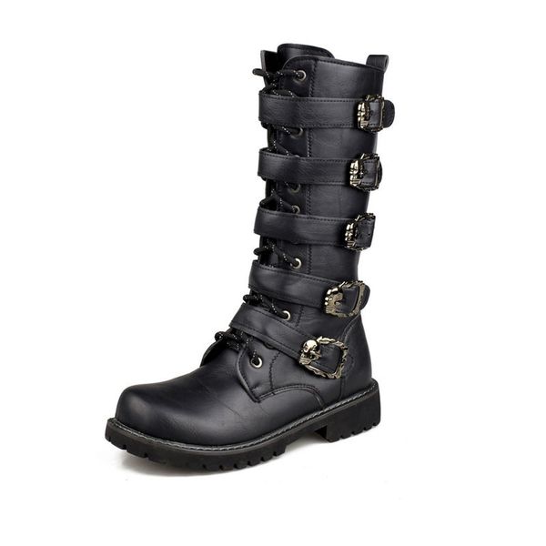 

army boots men high military combat boots metal buckle punk mid calf male motorcycle boots lace up men's shoes rock, Black