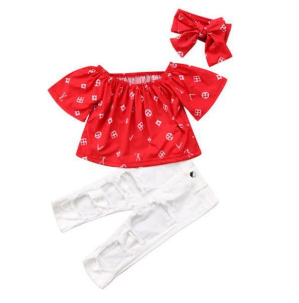 Moda bambina vestiti manica corta con spalle scoperte magliette rosse + jeans bianchi pantaloni con foro + fascia con fiocco 3 pezzi set di abbigliamento per ragazze abiti per bambini