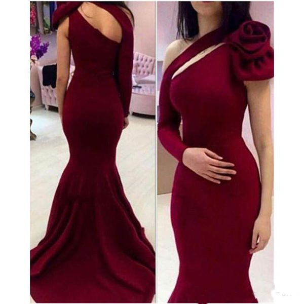 

Sexy Burgundy One Shoulder Mermaid Evening Dresses With One Long Sleeve Prom Party Gown Special Occasion Wear