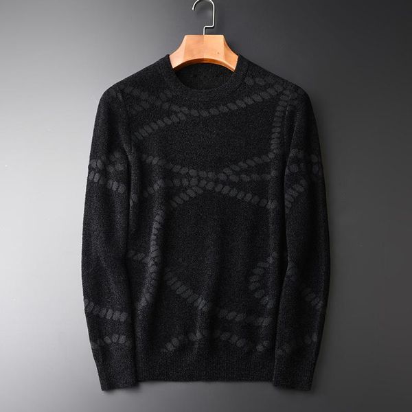

minglu autumn and winter men sweater hight quality warm suede silver thread jacquard men pullover sweater black mens sweaters, White;black