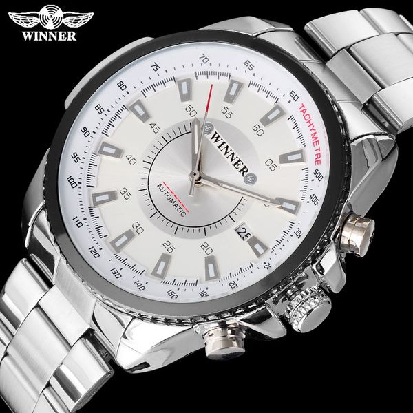 

winner fashion casual men machanical watches luxury automatic watches stainless steel band auto date white dials reloj hombre, Slivery;brown