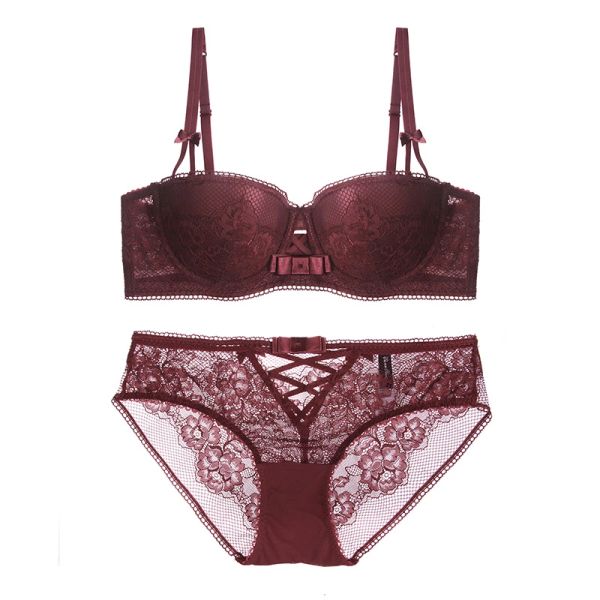 

bra set french lace design lightly cotton padding push up bra 2018 lingerie womens lace big bow panty bra sets, Red;black