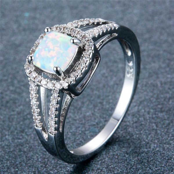 

junxin female male white fire opal finger ring for women 925 sterling silver filled hollow square stone ring wedding jewelry, Slivery;golden