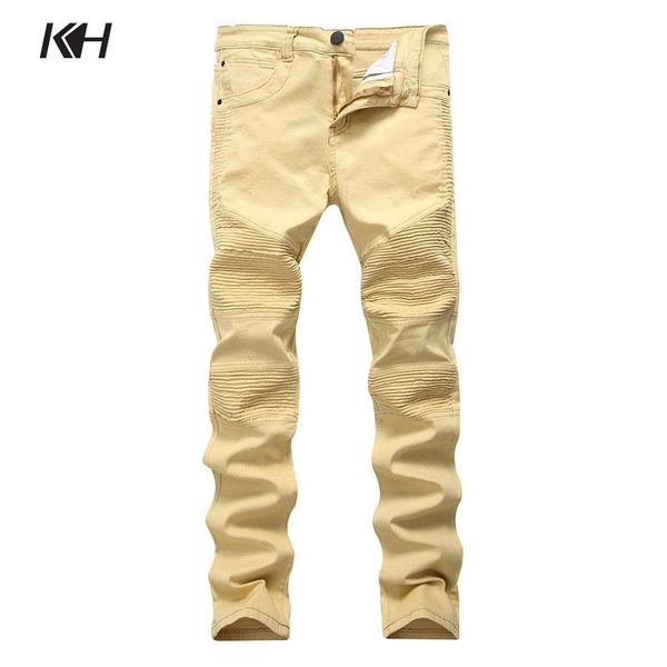

kh new men's jeans fashion street ripped hole locomotive denim pants men slim fit pleated punk washed straight skinny trousers, Blue