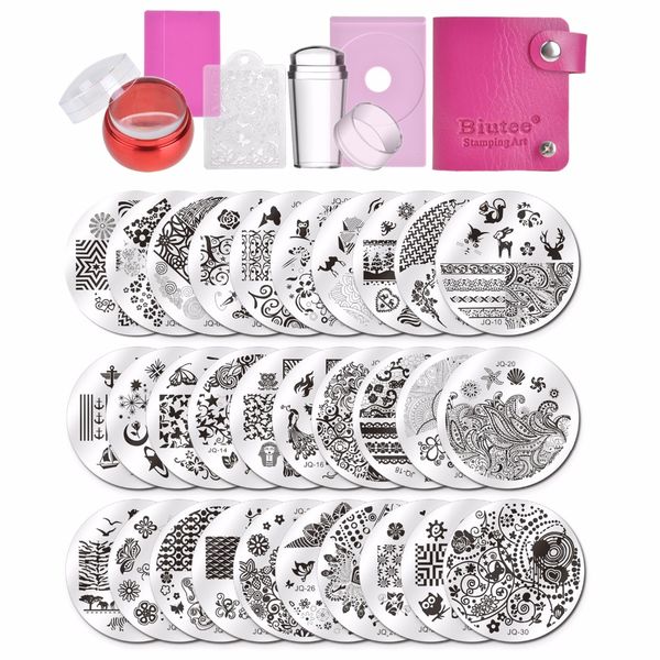 

biutee nail stamping template plates set flower animal pattern nail art stamper & scraper & storage bag plate holder, White