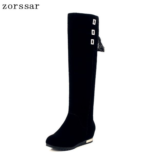 

zorssar} fashion faux suede flat heel women over the knee boots winter warm plush inside snow boots womens thigh high, Black