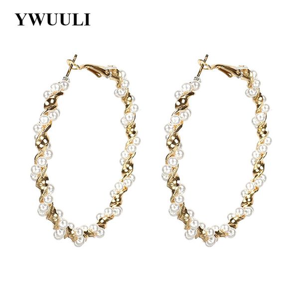 

elegant korean twisted simulated pearl round circle hoop earrings for women geometric earrings pendientes fashion jewelry ry264, Golden;silver