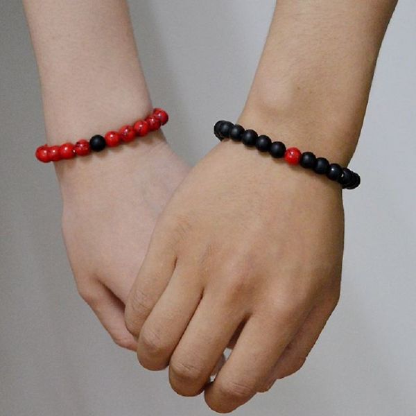 

2 pcs/set couples bracelet natural stone white and red beaded bracelet multiple fashion beads for women men friend gift, Black