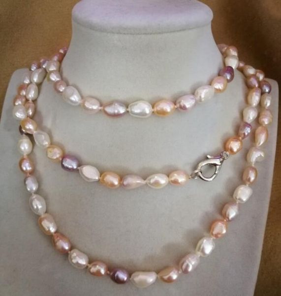 

women classic jewelry 9-10mm white pink purple mixed baroque pearl 45'' long necklace real natural freshwater pearl, Silver