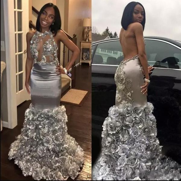 

2018 сексуальное серебро черные девушки платья выпускного вечера русалка кружева аппликация без рукавов вечернее платье без спинки с 3d розо, Black