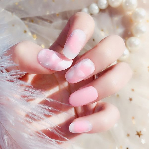 

new 24pcs/set petals light pink color round resin nail art false fake nail tips with a tube of glue finished nails high quality, Red;gold