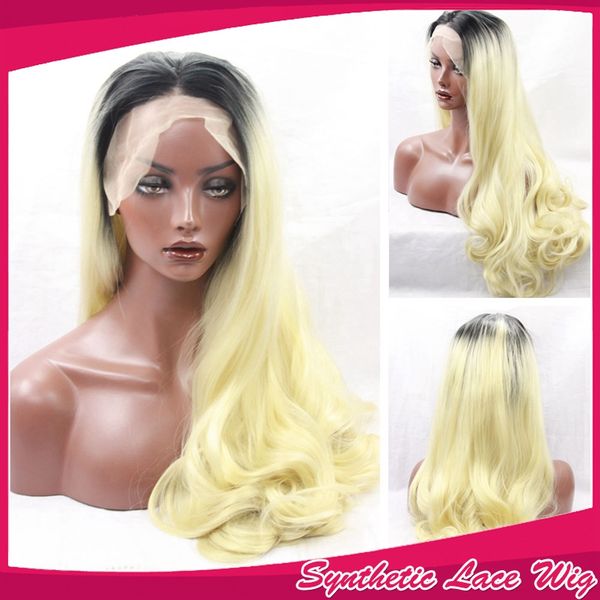 

ombre blonde body wave lace front wig dark roots glueless synthetic heat resistant fiber natural hair women wigs long wavy 1b/613#, Black