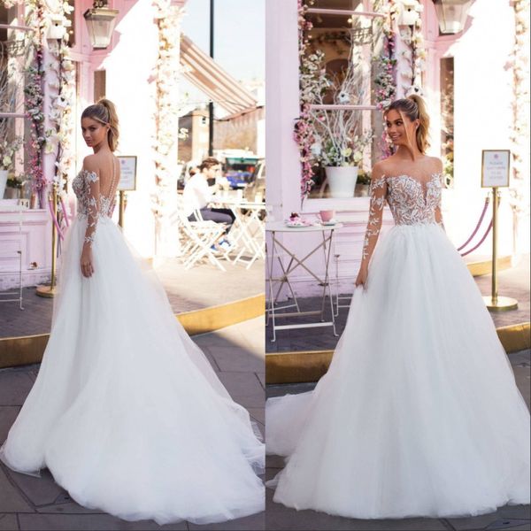 

long sleeve bridal gowns wedding dresses 2019 lace appliques sheer jewel neck a line boho wedding dress sweep train plus size, White