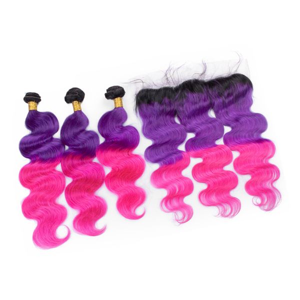 

Dark root 1b purple pink hair weft exten ion with ear to ear frontal virgin human body wave hair 3bundle with lace frontal