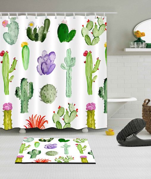 

tropical cactus waterproof polyester shower curtain &mat &hooks 60/72/79" 4196