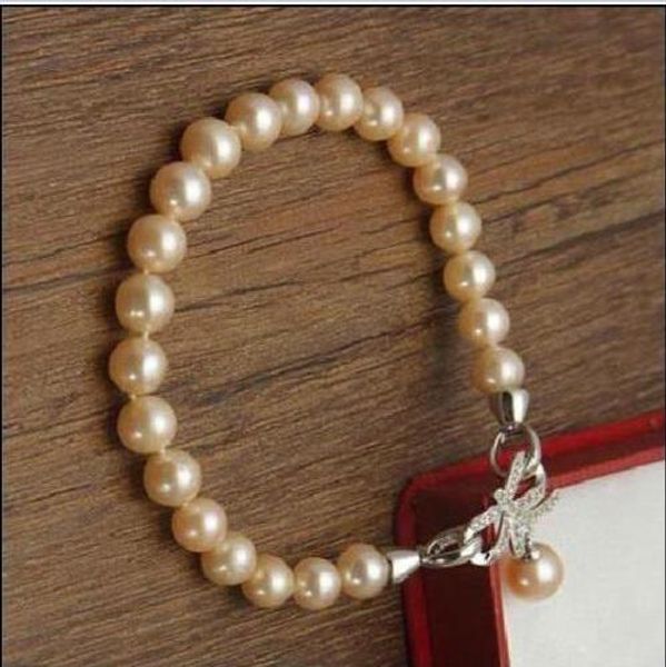 

9-10mm natural round pink south sea pearl bracelet 7.5"-8" butterfly buckle, Black