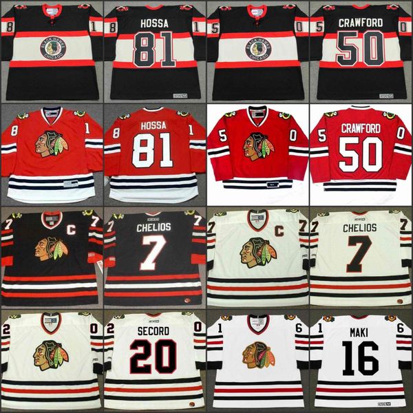 

7 chris chelios 16 chico maki 20 al secord 50 corey crawford 50 corey crawford 81 marian hossa 1996 ccm jersey, Black;red