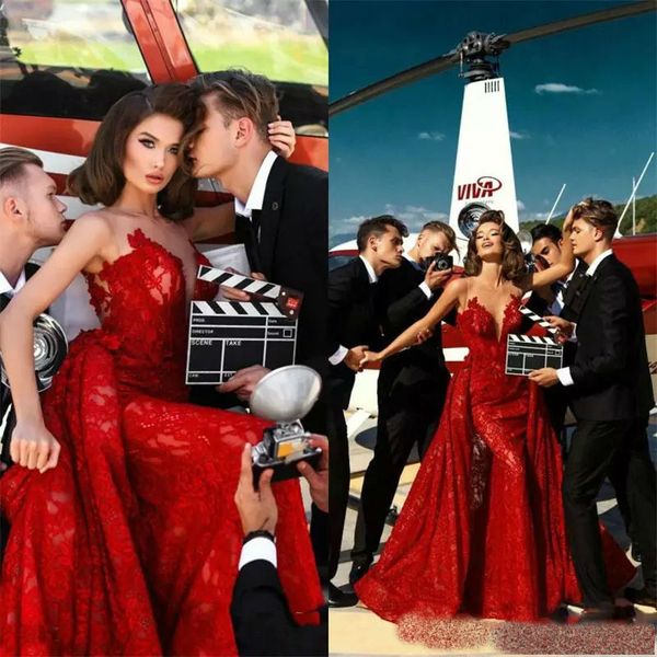 

luxury sweetheart mermaid prom dresses 2019 red sheer neck lace floral appliques evening gowns with detachable train robes de soirÃ©e, Black;red