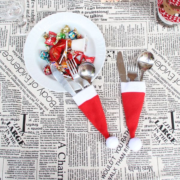 

10pcs/set christmas mini bottle hat christmas decorations for home hat silverware holder mini red santa claus cutlery new year