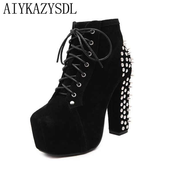

aiykazysdl plus size women rock punk spikes rivets ankle boots lita platform chunky block ultra high heel bota shoes bootie, Black