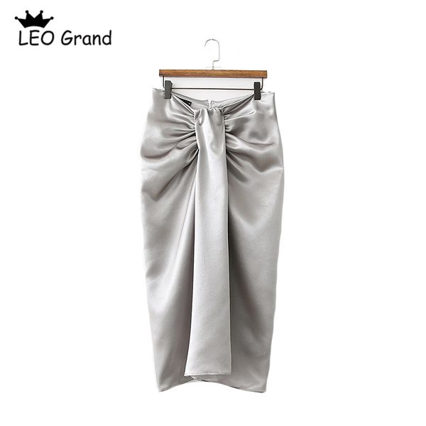 

leo grand women casual solid color satin skirts chic pleated design faldas high waist back zipper midi skirts mujer 908122, Black
