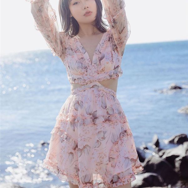 

Summer women vocation dre v neck chiffon flower print pink dre backle holiday runway dre high qualiy ve tido