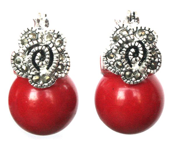 

lady's 12mm red coral bead flower marcasite & 925 silver earrings, Golden;silver